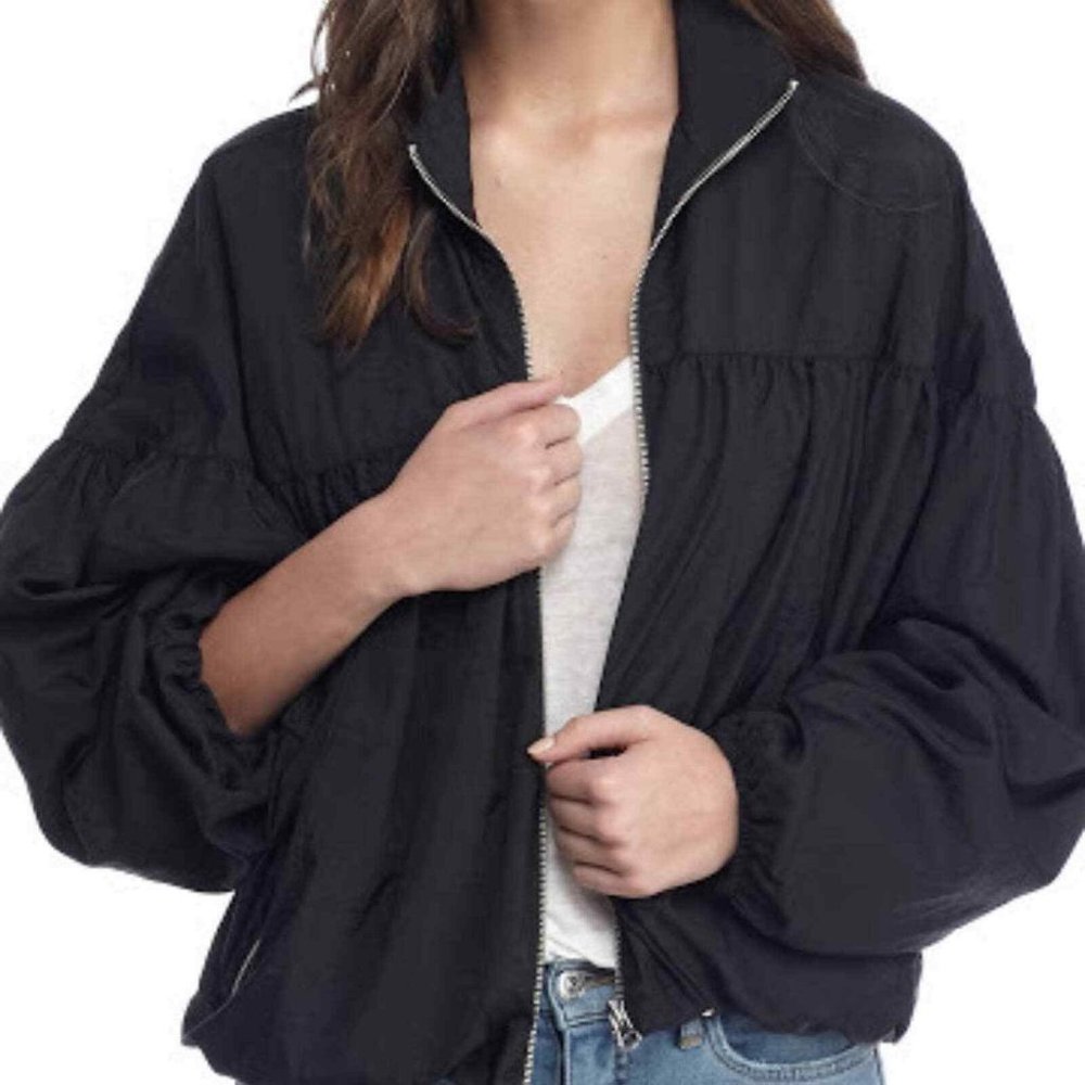 Free People Balloon Bomber Zip Jacket Dolman Sleeves Black Size Medium